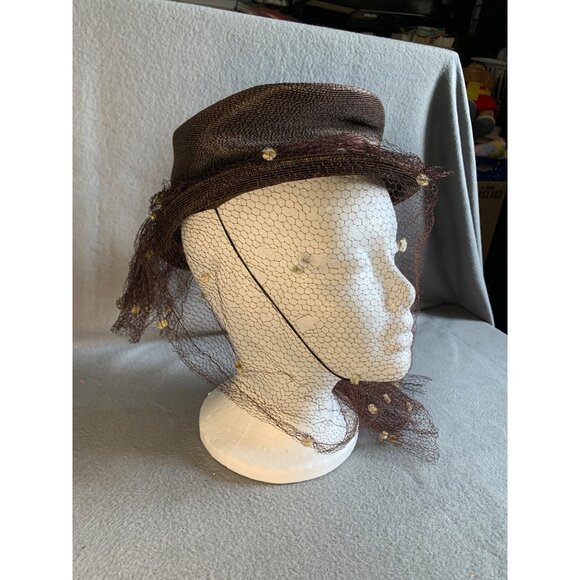 Ladies Brown Hat with netting and Pom Pom accents Sz 22 Vintage main image 10